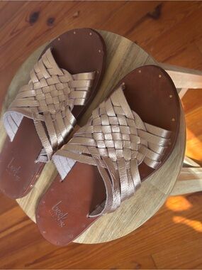 beek Metallic Woven Slide Sandals in Rose Gold
